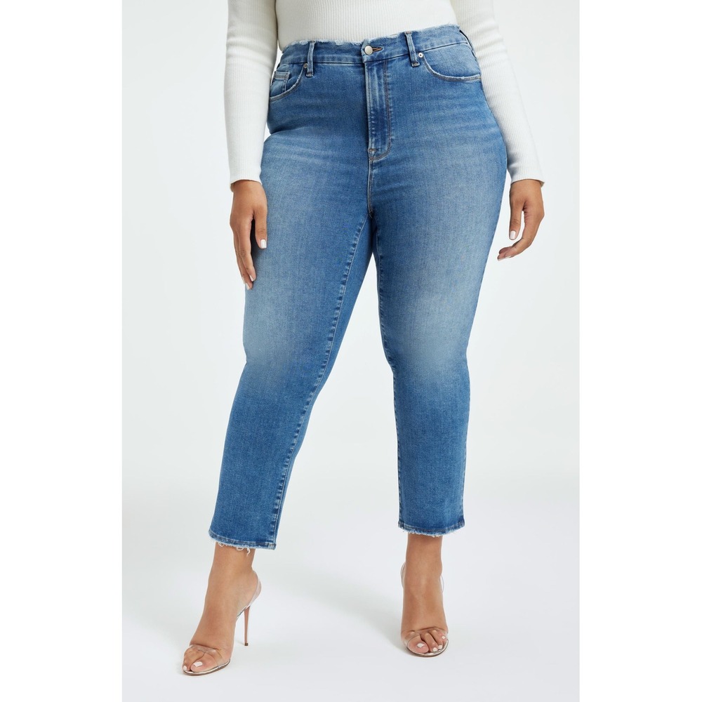 Good American Good Legs Straight Mid Rise Jeans Blue Wash Size 24 Raw Hem